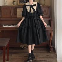 KOSY Puff Sleeve Sundress Women A Line Elegant Vintage Sweet Girl Fashion Midi Dresses Preppy Style Black Dress S juoda