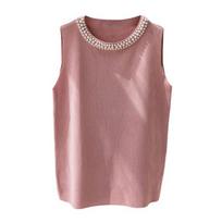 Yousheng Women Knitting Vest Round Neck Sleeveless Faux Pearls Decor Tank Tops Slim Fit Solid Color Stretchy Tops rožinė