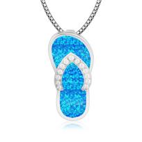 Premium Christian Copper Opal Embedded Trendy Flip Flop Pendant Sweater Link Chain Silver Plated Hawaiian Style Bulk Necklace 20inches&Fashion mėlyna