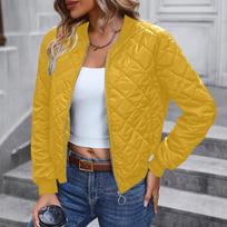 Ladies Zipper Long Sleeve Stand Collar Check Slim Baseball Padded Top Blouse Jacket Coat M geltona