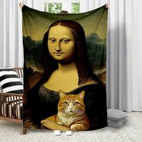Interesting Mona Lisa and Cat Pattern Flannel Printed Blanket Suitable for All Seasons for Living Room Office Sofa and Travel 75X95CM