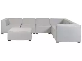 Sodo kampinė sofa su pufu 7 asmenims AREZZO kairinė šviesiai pilka modulinė