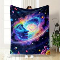 A Cosmic Face Amid Colorful Nebula with Stars, Rings, and a Glowing Flower. for All Seasons Blanket Lunch Break Throw Gift 75X95CM