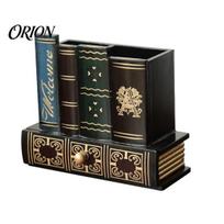 British Style Desk Accessory Wooden Book-Shaped Pen Holder, Retro Organizer with Drawer, Multi Compartment Holder Creative Storage Container for Pens A