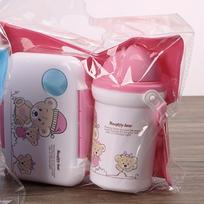 2pcs bento set with straw & bottle, for school, camping & picnic rožinė