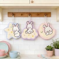 3 bunny coral fleece towels with moon embroidery, lint-free & absorbent, fit kitchen, bathroom and bedroom decor. 7.87inch