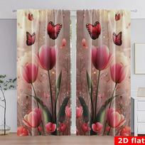 Pink tulips with butterfly patterns Print Drapes Room Darkening Window Curtains Home Decor,Rod Pocket Blackout Curtains Bedroom 60×150cm