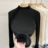 Autumn Half High Collar Slim Fit Warm Knitted Sweater Women Fashion Winter Thick Velvet Base Pullover Sweaters for Women Casual Plush Knitwears 24886 One Size juoda