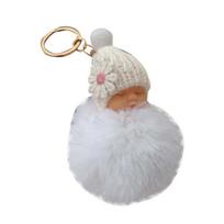 1Pc Plush Pompom Sleeping Baby Doll Key Chain Key Ring Holder Bag Pendant Decor balta