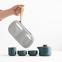 Ceramic minimalist travel kung fu tea set Japanese portable outdoor one pot two cups household tea making pot Four-piece Set tamsiai žalia spalva
