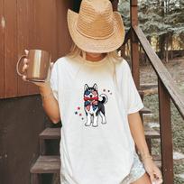 Patriotic Husky T-Shirt, Cute Siberian Glasses and Bow Tee, Comfort Colors 1717 Top 3XL