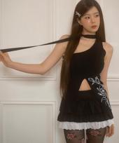 New Arin Ruby Flower One Shoulder Sleeveless Knit Black Black/Free