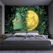 2D Flat 1pc Sun and Moon Goddess Mandala Tapestry  Bohemian Wall Hanging with Green Goddess Art Mystical TattooInspired Desi 100X70CM