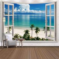 Window View Beach Tapestry Tropical Ocean Palm Wall Hanging Aesthetic Tapestries for Bedroom Living Room Decor 100X70CM