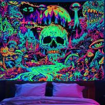 UV Blacklight Tree Skull Mushroom Tapestry Psychedelic Trippy Bohemian Wall Hanging for Bedroom Dorm Home Wall Decor 100X70CM