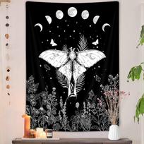 Trippy Witchy Vertical Tapestry Black and White Moth Floral Moon Tarot Tapestry Wall Hanging for Bedroom Dark Aesthetic Nature 100X70CM