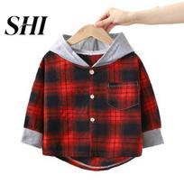 Children Long Sleeve Shirt Kids Plaid Hooded Spring Fall Chest Pocket Button Closure Lightweight Loose Causal Boys Girls Toddlers Sleeves Top 140cm raudona juoda spalva