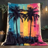 Tropical Palm Tree Sunset Flannel Blanket Soft Lightweight Gradient Colors All Season Throw for Couch Bed Travel Decor Size: 75*100cm, Weight: 230 GSM
