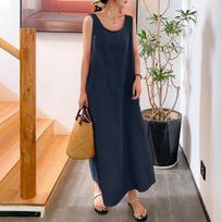 Medvilnės Lino Berankovė Moteriška Ilga Suknelė Vasarinė Kasdienė Laisva Kišeninė O formos iškirptė Elegantiška Moteriška Šventinė Vasarinė Suknelė S tamsiai mėlyna spalva