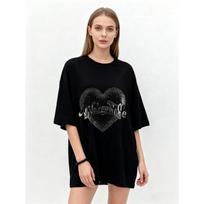 Oversized T Shirt Black Heart Print Wake The Life Graphic Tee Casual Streetwear Fashion Top Women Summer Outfit S juoda