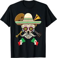 Sugar Skull Shirt Guitar & Sombrero Mexican Fiesta T-Shirt XL