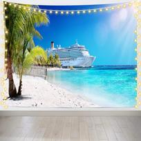 Cruise Ship Tapestry Caribbean Sea Palm Tree Coral Beach Tapestry Wall Hanging  Large Tropical Island Summer Holiday Tapestries 100X70CM