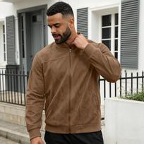 Spring Autumn Men Faux Suede Stand Collar Full Zip Jacket Elastic Cuffs Windproof Solid Color Daily Office Streetwear Casual Long Sleeve Bomber Coat S ruda