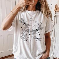 Dragonfly Dandelion Moon Bee T-Shirt, Garment-Dyed Cotton Nature Tee S