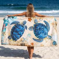 Green Sea Turtle Beach Towel Tribal Print Design Soft Absorbent Microfiber for Nautical Lovers and Summer 50x100cm