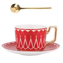 Coffee Cup and Saucer Set with Gold Rim, Ceramic Afternoon Tea Drinkware, Household Mug, British Style Luxury, 220ml raudona