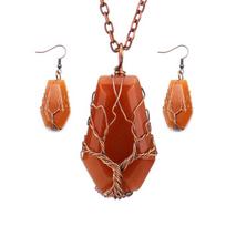 Tiktok Live Retro Winding Tungsten 24K Gold Plated Vintage Tiger-shaped Stone Hexahedron Lucky Tree Necklace Earrings Suite N602