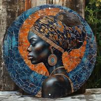Round African Woman & Mosaic Design Wooden Sign, Weather Resistant, HD Print Door Hanger, Wall Decor 100X70CM