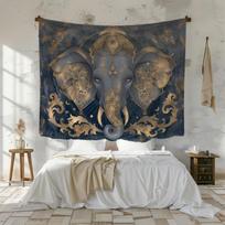 Blue Gold Elephant Head God Tapestry Indian Religious Style Elephant Background Cloth Atmosphere Room Decoration 100X70CM