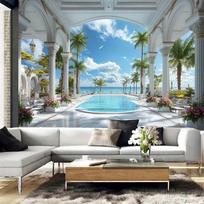Indoor Landscape Pool And Palm Tree Wall Tapestry Polyester Fiber Living Room Bedroom Office Decorative Hanging Art 100X70CM