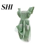 Kitchen Apron Adjustable Strap Sleeveless Double Pockets Waist Tie Japanese Style Dining Room Women Lace Cooking Daily Use žalia