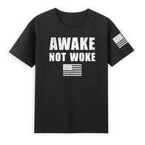 Awake Not Woke American Flag Conservative Funny Political Joke Black Tshirt S