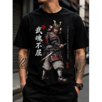 Men's Graphic T-Shirt With Japanese Samurai Warrior Print And Bold Kanji Text, Short Sleeve Crew Neck Tee For Casual Streetwear S juoda