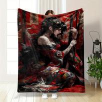 Japanese Geisha Katana Tattoo Blanket Bedroom Blanket for Livingroom Couch Lunch Break Soft Throw for Friend's Festival Gift 75X95CM