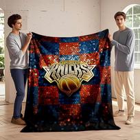 Mosaic-style Orange and Blue Checkered Background with Knicks Logo Centerpiece. for All Seasons Blanket Lunch Break Throw Gift 75X95CM