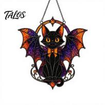Cute Animal Themed Gift Halloween Bat Cat Suncatcher, Stained Glass Style Acrylic Sun Catcher, Gothic Black Catcher Hanging Ornament for Home juoda