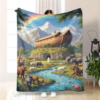 Noahs Ark Animal Print Flannel Blanket, Soft Cozy Warm Wildlife Design for Shawl Sofa Bed Throw, Perfect Gift for Family Friends Size: 75*100cm, Weight: 230 GSM