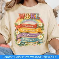 Comfort Colors Stay Woke Shirt, Anti MAGA Liberal Progressive Activist Tee, WOKE Acronym T Shirt, Empathy Kindness Gift, Floral Hippie Tee S
