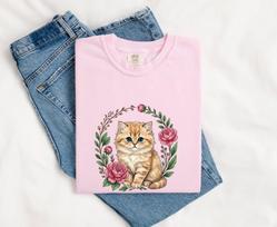 Kitten Drawing Shirt Cat Botany Gift Women Illustration Tee Kitten T-Shirt Cat Fan Feline Tshirt Floral Graphic Botanical Design Doodle XL