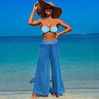 Women Solid Three Piece Split Bikini Swimsuit With Beach Pants S mėlyna