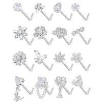 16Pcs Nose Rings L Shaped Nose Stud Stainless Steel Butterfly Flower Dangle Nose Stud Ring Body Piercing Jewelry 20G Clear CZ sidabras
