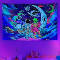 Personality Trend Cyberwind Psychedelic Astronaut and Alien Tapestry Bedroom Headboard Esports Room Wall Decoration 100X70CM