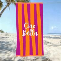 1pc Ciao Bella Striped Beach Towel, Vibrant Orange and Purple Pool Towel for Summer Vacation 35x75cm