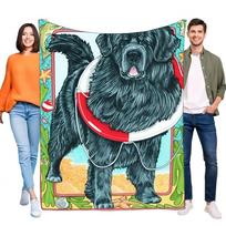 Vibrant Colorful Blanket Featuring Fluffy Black Newfoundland Dog at Beach, Life Preserver Design, Seashells, Starfish Pattern, C Size: 75*100cm, Weight: 230 GSM