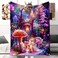 Enchanted Forest Flannel Blanket - Giant Mushrooms & Castle Design, Fairy Tale Throw for Bedroom/Living Room, Magical Gift Size: 75*100cm, Weight: 320 GSM pink