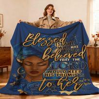 Blessed Is She Who Believes Flannel Throw, Vibrant Blue Golden Black Floral Design, Lightweight for Bed Sofa Office Outdoor Size: 75*100cm, Weight: 230 GSM
